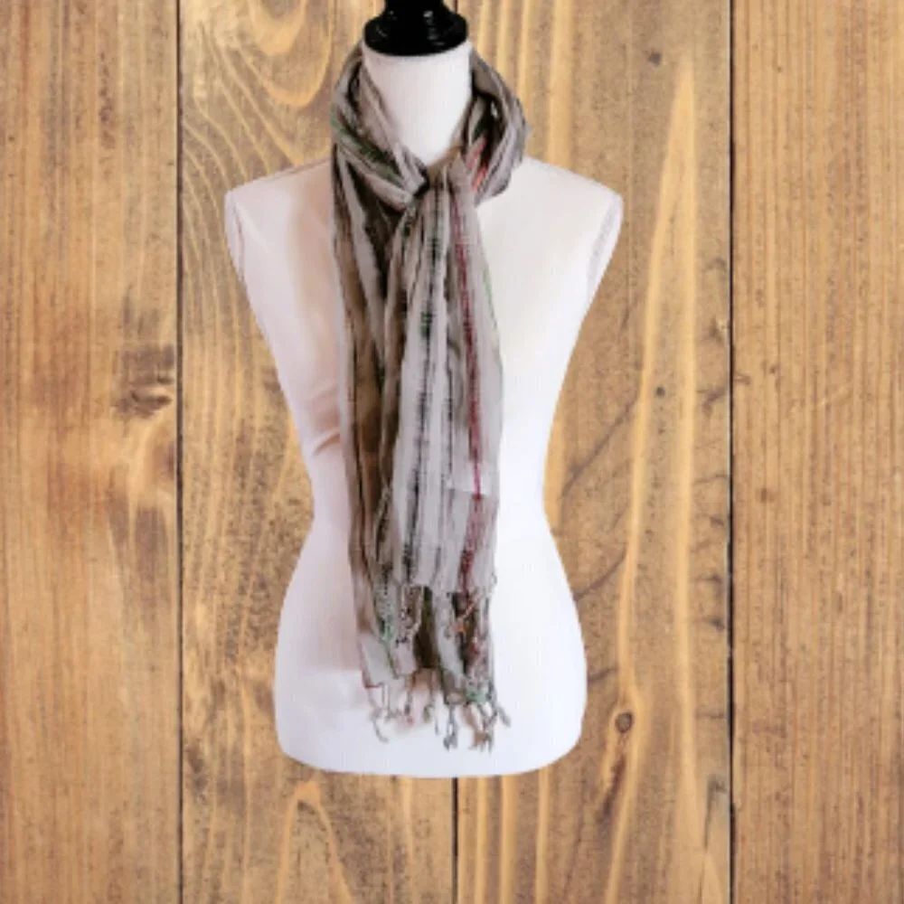Pretty Scarf in Gray with Multiple Colors and Fringe Edges‎